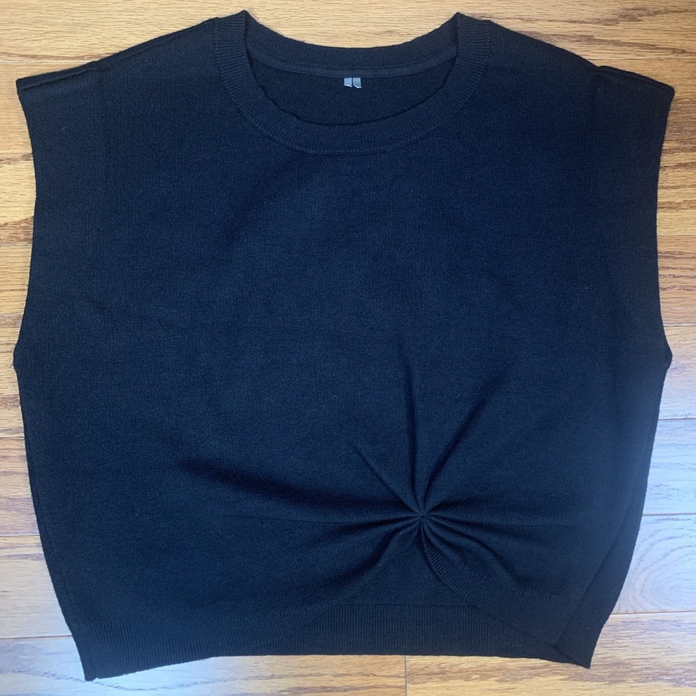 Anthropologie Gemini Sweater Women's Small Black Cap Sleeve Front Tie Knit